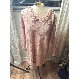 Vtg Crochet Knit Sweater Tunic Dress Floral Eyelet CollarLg Coquette Grannycore